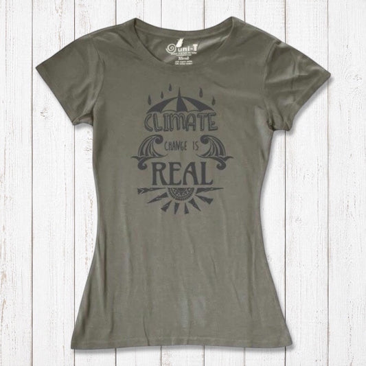 Olive green Women's Climate Change T-Shirt in bamboo & organic cotton, with dark grey 'Climate Change is Real' print for eco-conscious wardrobes.