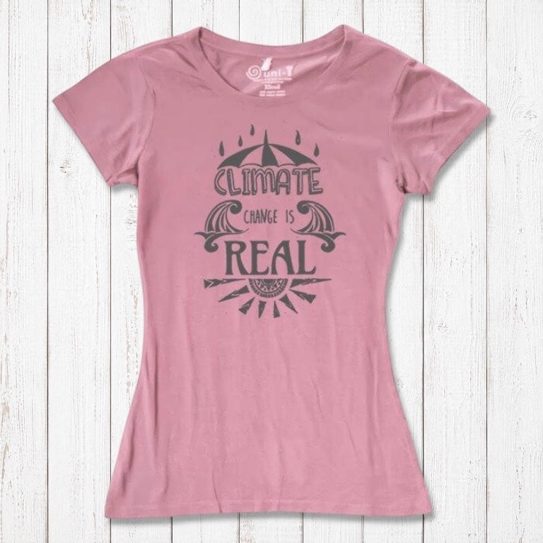 Pink Women's Climate Change T-Shirt in bamboo & organic cotton, featuring grey 'Climate Change is Real' graphic for sustainable fashion fans.