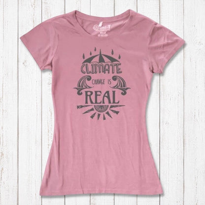 Pink Women's Climate Change T-Shirt in bamboo & organic cotton, featuring grey 'Climate Change is Real' graphic for sustainable fashion fans.
