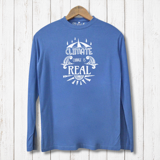 Blue Men's Climate Change T-Shirt - Sustainable Graphic Tee featuring bold eco-message, crafted from bamboo and organic cotton for comfort and impact.