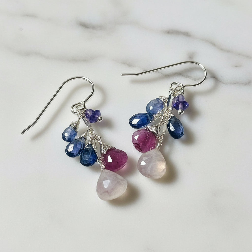 Blue and pink gemstone drop earrings