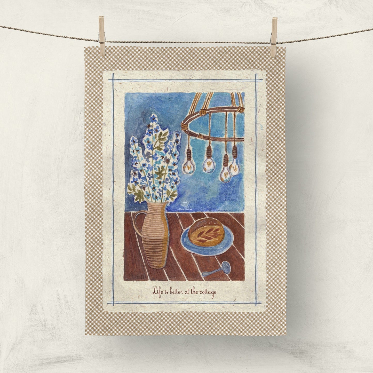 Cottage Still Life Tea Towel with floral and lightbulb design