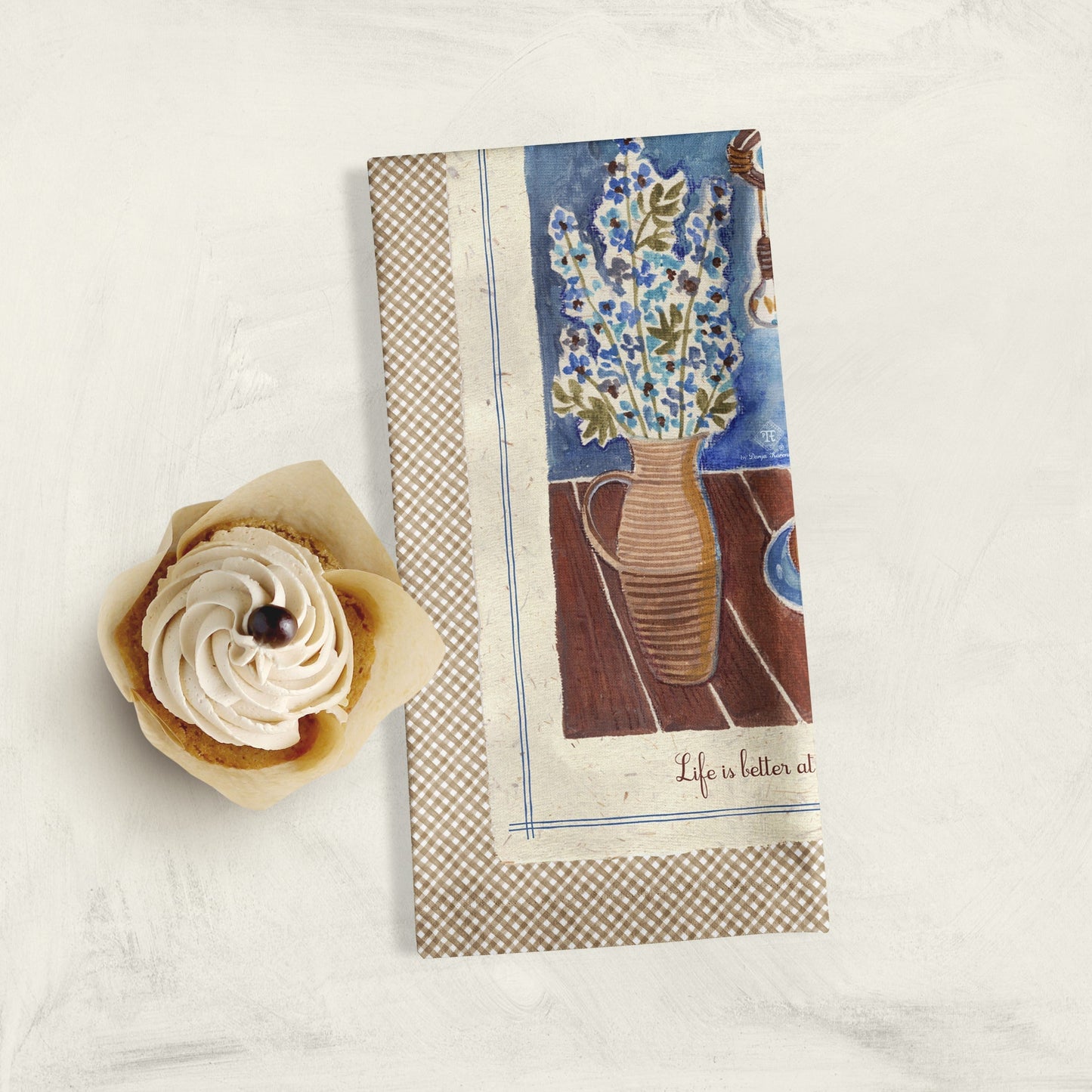 Cottage Still Life Tea Towel with floral and lightbulb design
