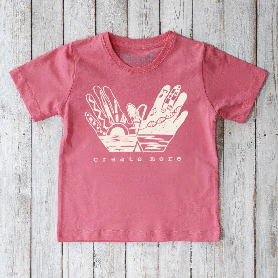 Pink Kids' Creative Art Organic Cotton T-Shirt with inspirational 'Create More' hand graphic, soft and eco-friendly top by Uni-T for kids.