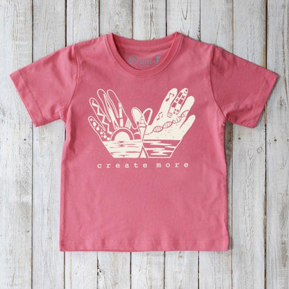 Pink Kids' Creative Art Organic Cotton T-Shirt with inspirational 'Create More' hand graphic, soft and eco-friendly top by Uni-T for kids.