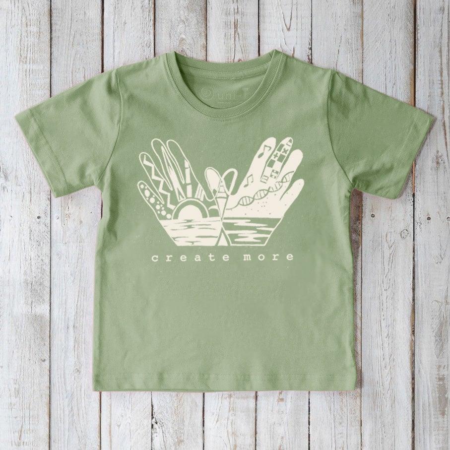 Light green Kids' Creative Art Organic Cotton T-Shirt with artistic hand illustration and 'Create More' message, eco-conscious apparel by Uni-T.