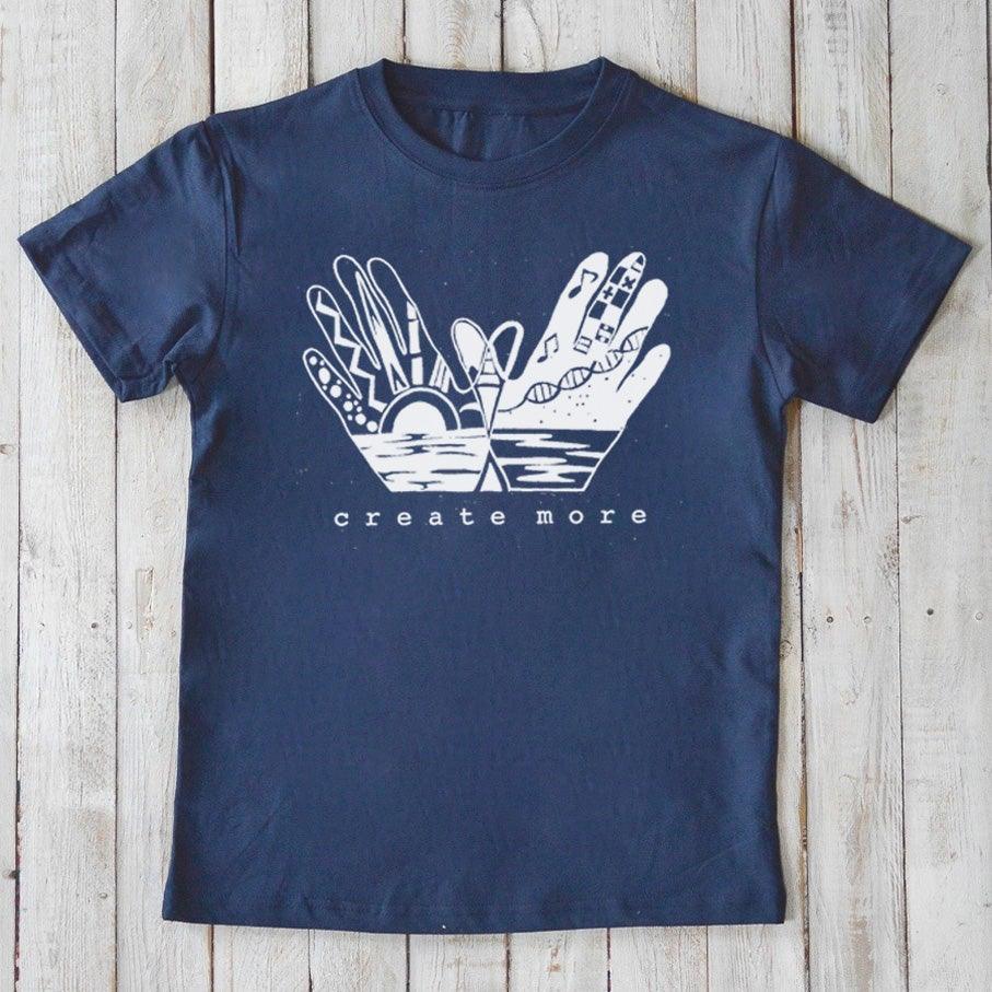 Navy blue Kids' Organic Cotton T-Shirt with white 'Create More' hand design, sustainable and artistic graphic tee by Uni-T for children.