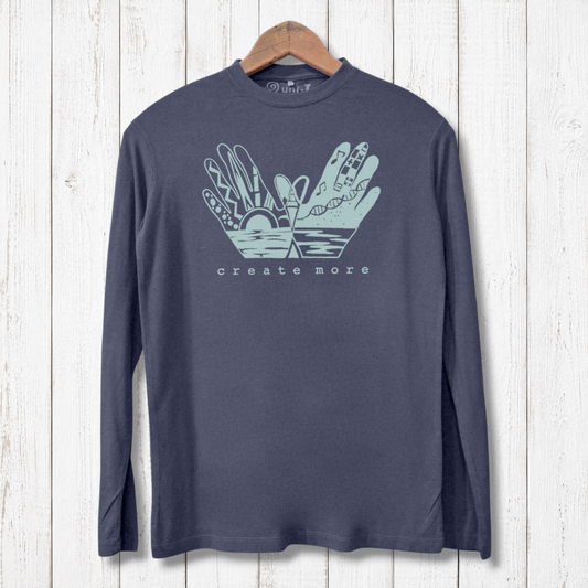Create More T-shirts for Men - Bamboo Long Sleeve in charcoal gray with artistic hand graphic and eco-friendly design, ideal for sustainable fashion lovers.