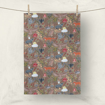 Colorful animal print kitchen towel with roosters and chickens