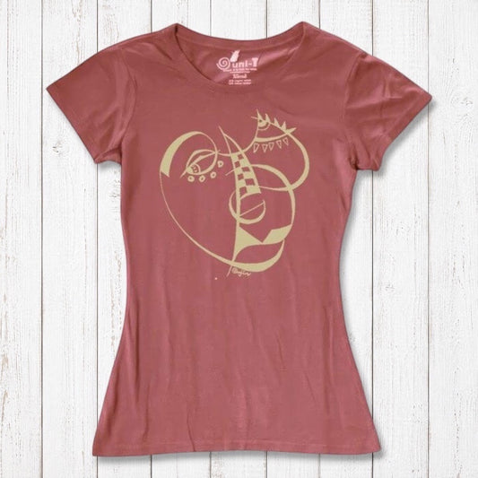 Women's Cubism Face T-Shirt in bamboo and organic cotton in dusty rose with abstract art graphic. Eco-friendly gift for modern art lovers.