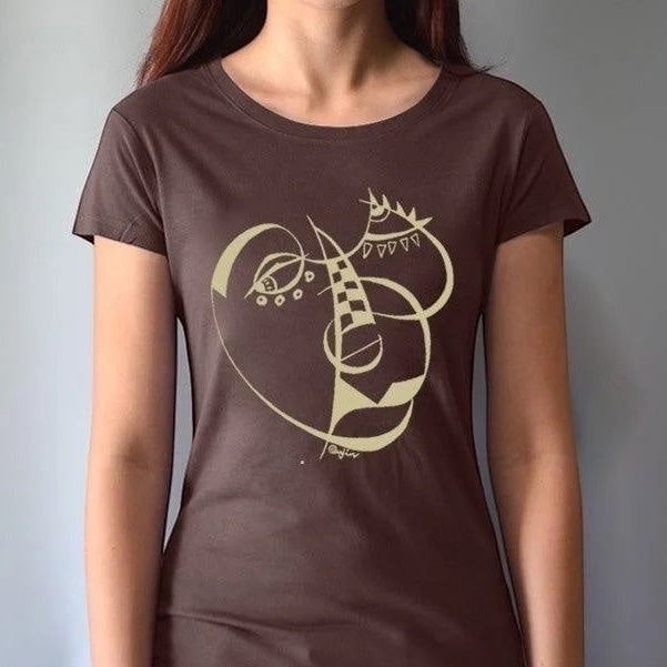 Women's Cubism Face T-Shirt in bamboo and organic cotton in dark brown with abstract face design. Sustainable graphic tee for artists and creators.