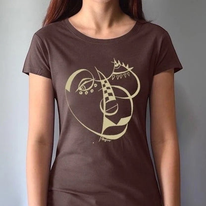 Women's Cubism Face T-Shirt in bamboo and organic cotton in dark brown with abstract face design. Sustainable graphic tee for artists and creators.