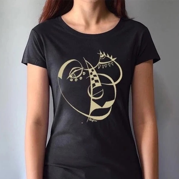 Women's Cubism Face T-Shirt in bamboo and organic cotton in black featuring abstract cubist face. Artistic eco tee for contemporary fashion lovers.