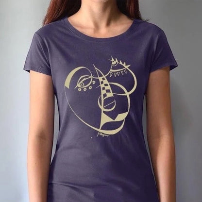 Women's Cubism Face T-Shirt in bamboo and organic cotton in deep purple with modern abstract face print. Unique gift for art-inspired wardrobes.