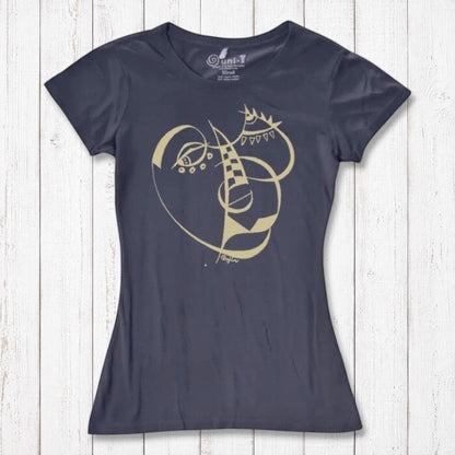 Women's Cubism Face T-Shirt in bamboo and organic cotton in charcoal gray with abstract cubism artwork. Stylish sustainable tee for creatives.