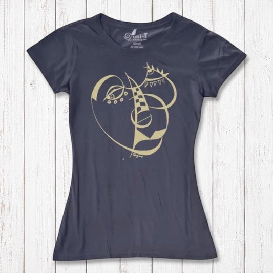Women's Cubism Face T-Shirt in bamboo and organic cotton in charcoal gray with abstract cubism artwork. Stylish sustainable tee for creatives.