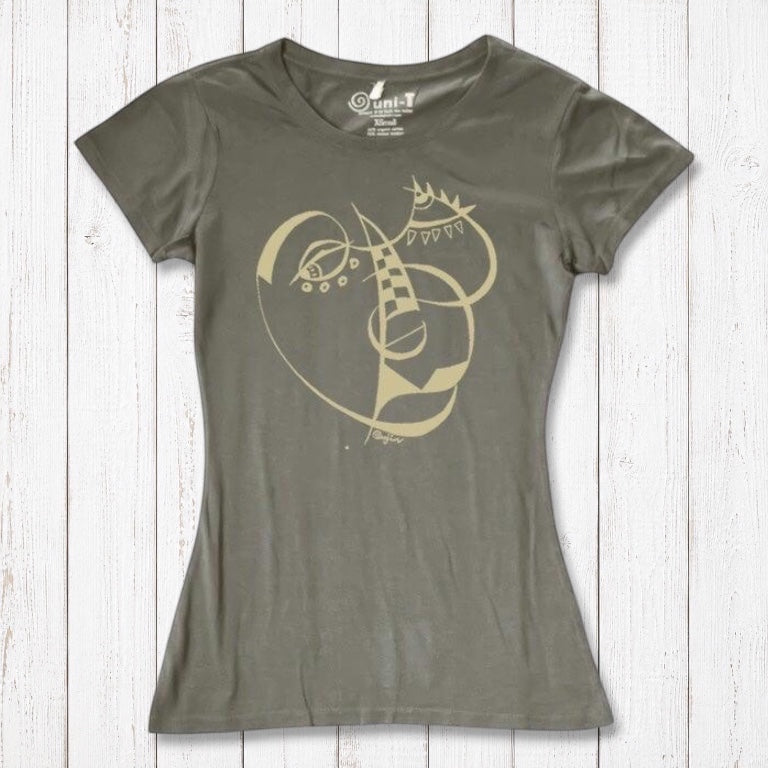 Women's Cubism Face T-Shirt in bamboo and organic cotton in olive green with abstract art print. Eco-conscious fashion for modern art fans.