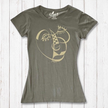 Women's Cubism Face T-Shirt in bamboo and organic cotton in olive green with abstract art print. Eco-conscious fashion for modern art fans.