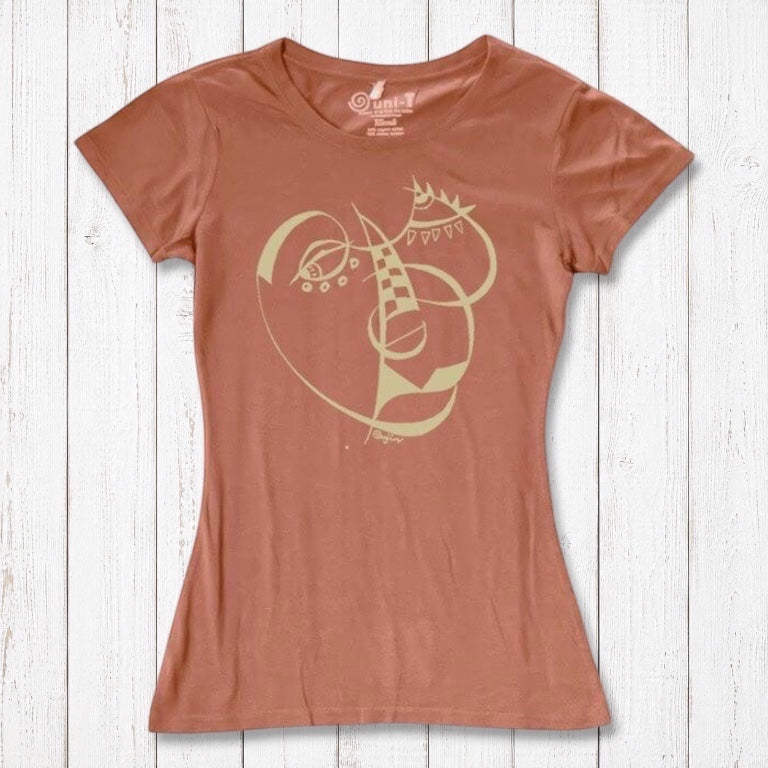 Women's Cubism Face T-Shirt in bamboo and organic cotton in terracotta with abstract face design. Artistic and sustainable tee for women.