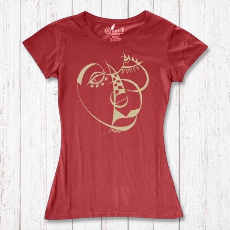 Women's Cubism Face T-Shirt in bamboo and organic cotton in red clay with abstract cubist face. Eco-friendly fashion gift for artists.