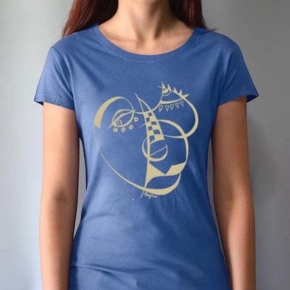 Women's Cubism Face T-Shirt in bamboo and organic cotton in cobalt blue with abstract line art. Modern eco tee for artistic expression.