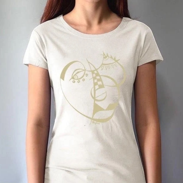 Women's Cubism Face T-Shirt in bamboo and organic cotton in natural cream with abstract cubism design. Minimalist gift for art lovers.