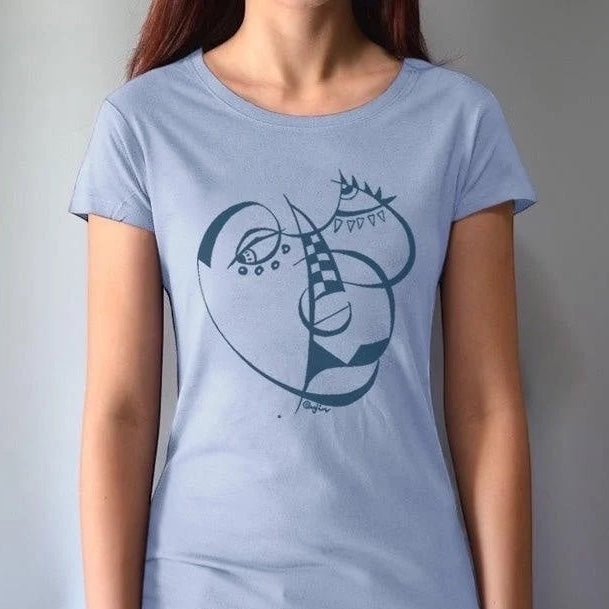 Women's Cubism Face T-Shirt in bamboo and organic cotton in light blue with navy abstract face. Sustainable fashion for modern art enthusiasts.