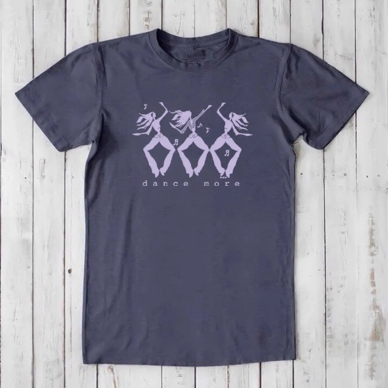 Men's Dance T-Shirt in Bamboo & Organic Cotton in navy with lavender dancer graphic and 'Dance More' text. Ideal inspirational gift for him.
