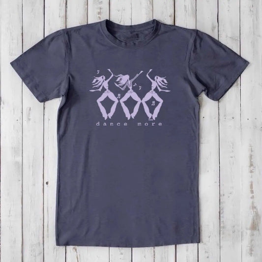 Men's Dance T-Shirt in Bamboo & Organic Cotton in navy with lavender dancer graphic and 'Dance More' text. Ideal inspirational gift for him.