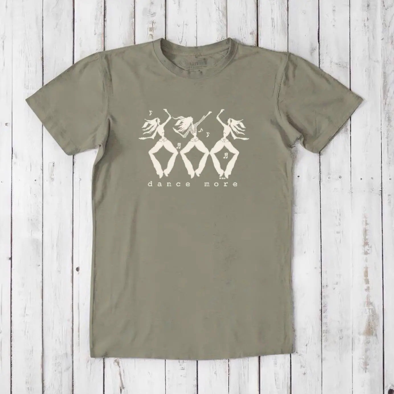 Men's Dance T-Shirt in Bamboo & Organic Cotton in light brown with cream dancer print and 'Dance More' message. Eco-friendly fitness tee for men.