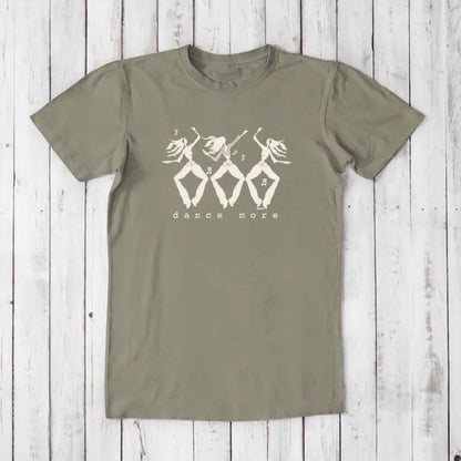 Men's Dance T-Shirt in Bamboo & Organic Cotton in light brown with cream dancer print and 'Dance More' message. Eco-friendly fitness tee for men.