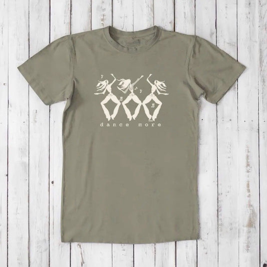 Men's Dance T-Shirt in Bamboo & Organic Cotton in light brown with cream dancer print and 'Dance More' message. Eco-friendly fitness tee for men.