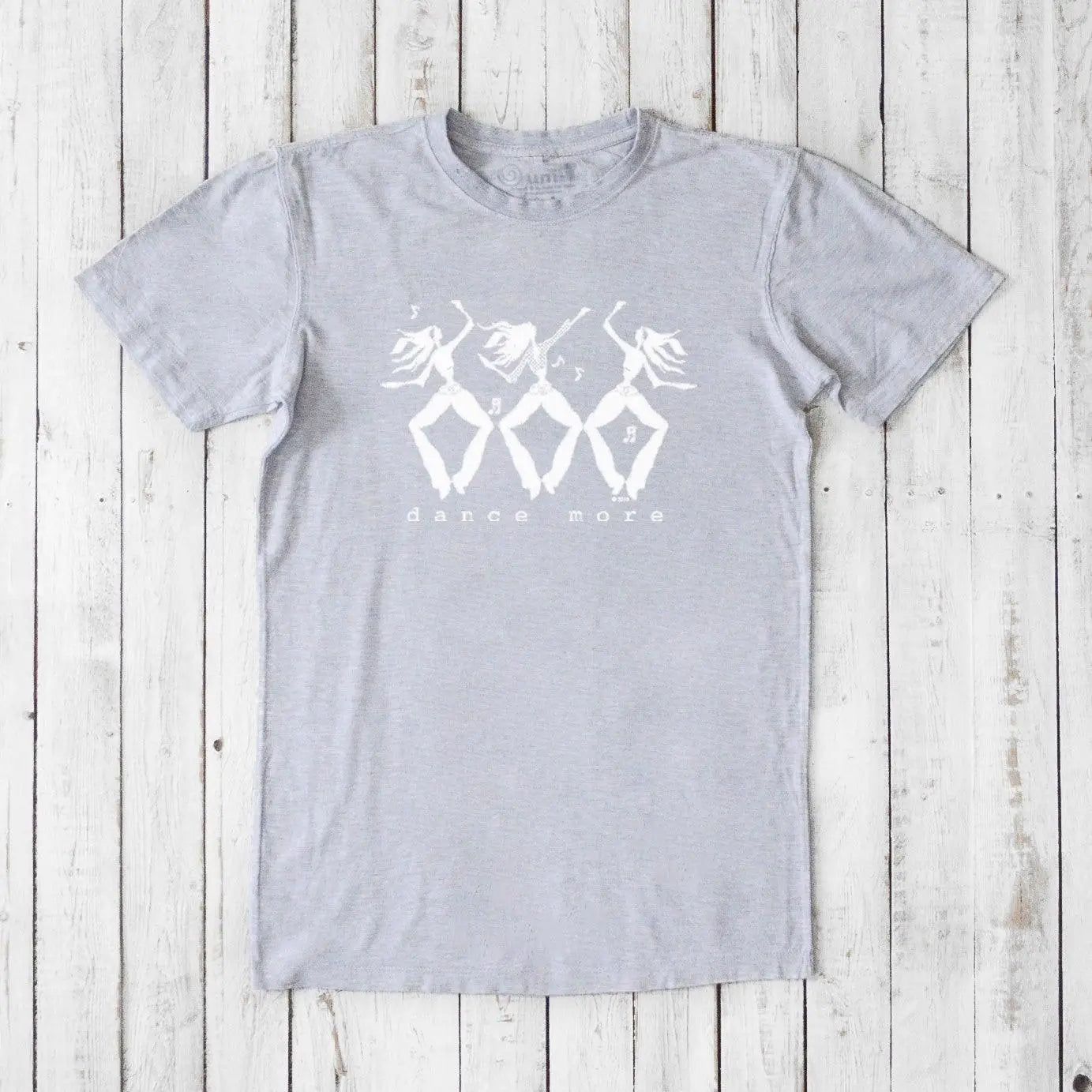 Men's Dance T-Shirt in Bamboo & Organic Cotton in heather gray with white dancer design and 'Dance More' slogan. Soft and breathable gift tee.