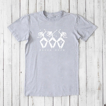 Men's Dance T-Shirt in Bamboo & Organic Cotton in heather gray with white dancer design and 'Dance More' slogan. Soft and breathable gift tee.
