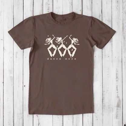 Men's Dance T-Shirt in Bamboo & Organic Cotton in chocolate brown with cream dancer artwork and 'Dance More' text. Sustainable gift for dancers.