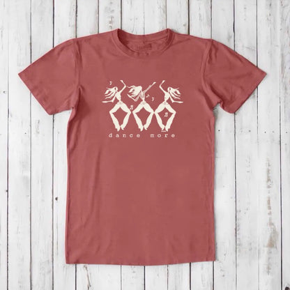 Men's Dance T-Shirt in Bamboo & Organic Cotton in muted red with white dancer print and 'Dance More' text. Ideal for fitness and dance lovers.