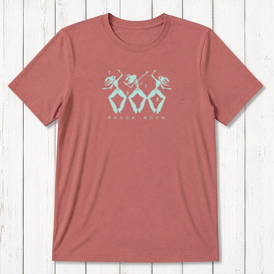 Men's Dance T-Shirt in Bamboo & Organic Cotton in muted red with white dancer print and 'Dance More' text. Ideal for fitness and dance lovers.
