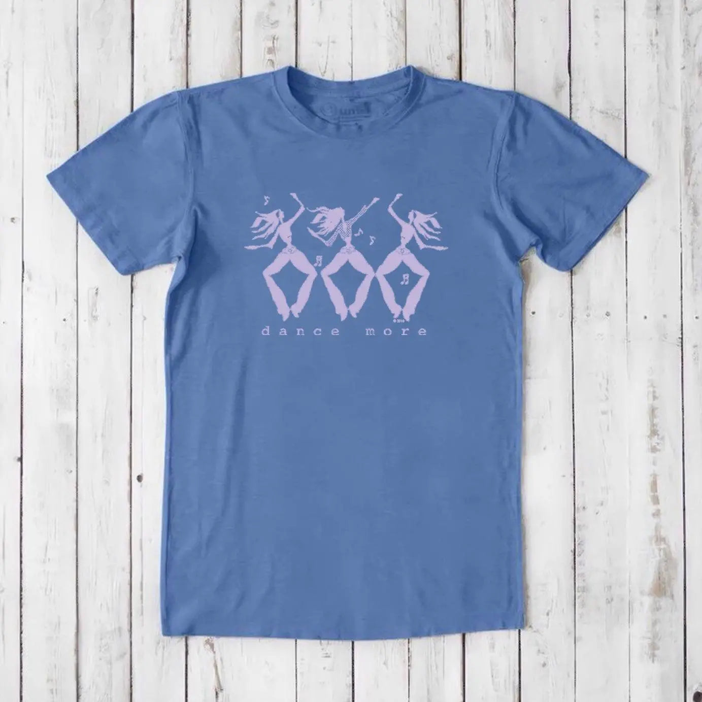 Men's Dance T-Shirt in Bamboo & Organic Cotton in ocean blue with lavender dancer design and 'Dance More' text. Breathable and stylish gift tee.