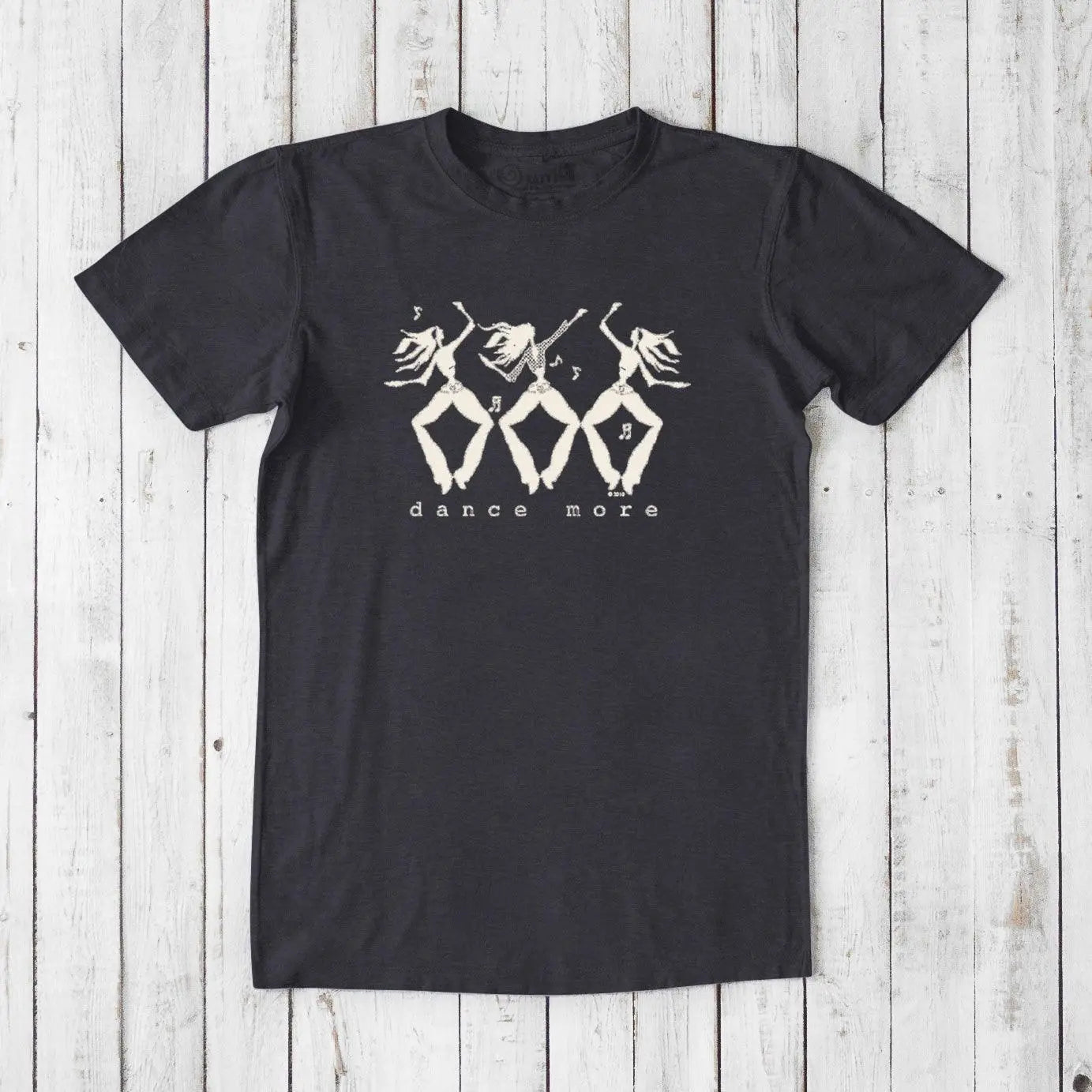 Men's Dance T-Shirt in Bamboo & Organic Cotton in charcoal with cream dancer graphic and 'Dance More' text. Sustainable and motivational gift idea.