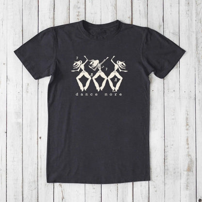Men's Dance T-Shirt in Bamboo & Organic Cotton in charcoal with cream dancer graphic and 'Dance More' text. Sustainable and motivational gift idea.