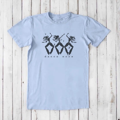 Men's Dance T-Shirt in Bamboo & Organic Cotton in light blue with black dancer silhouettes and 'Dance More' text. Great for active lifestyle gifting.