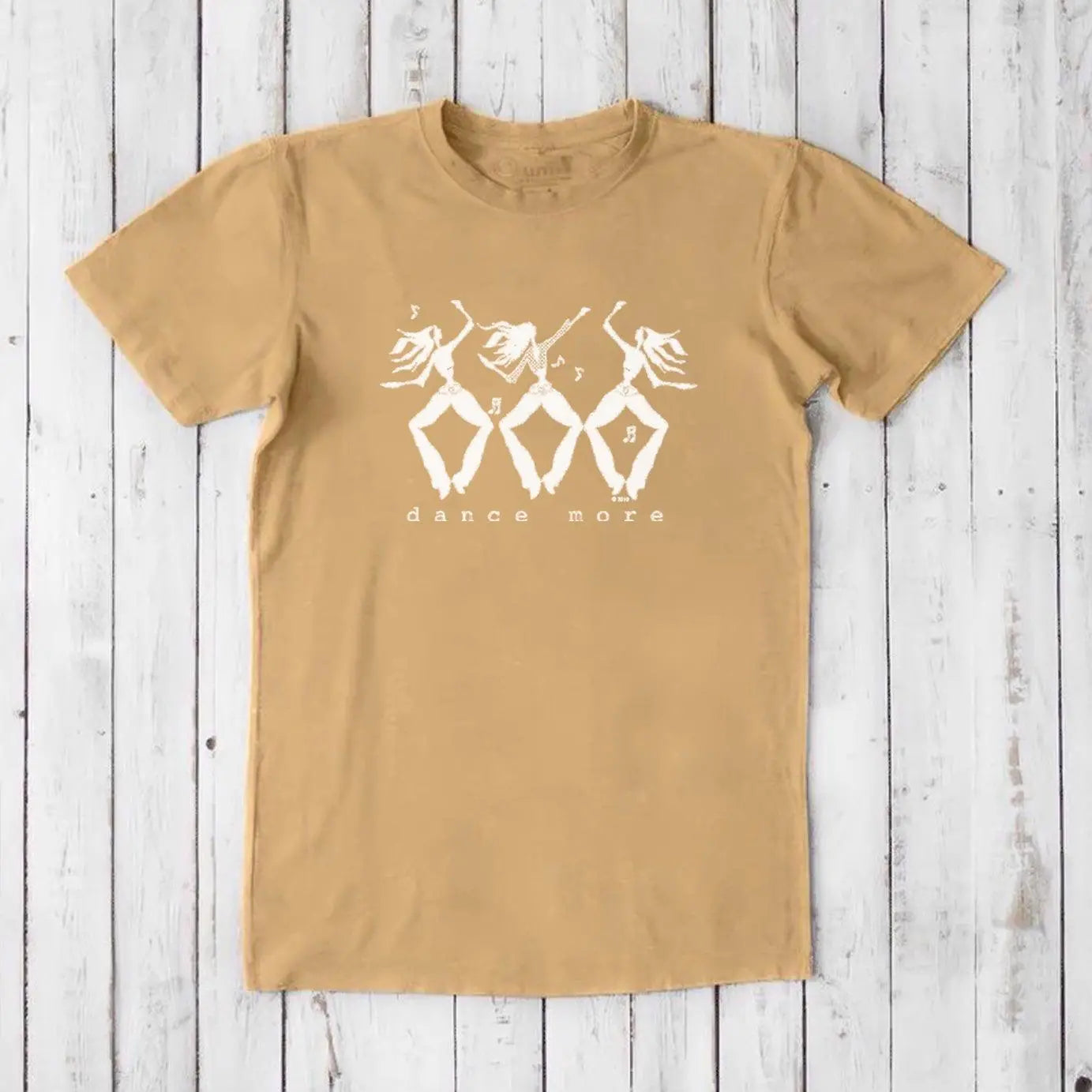 Men's Dance T-Shirt in Bamboo & Organic Cotton in mustard yellow with white dancer graphic and 'Dance More' text. Uplifting and eco-friendly tee.