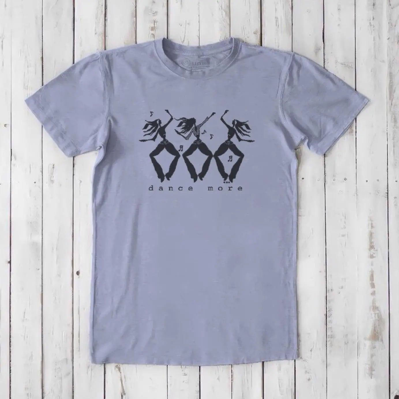 Men's Dance T-Shirt in Bamboo & Organic Cotton in slate with black dancer print and 'Dance More' text. Classic fit inspirational tee for men.