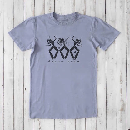 Men's Dance T-Shirt in Bamboo & Organic Cotton in slate with black dancer print and 'Dance More' text. Classic fit inspirational tee for men.