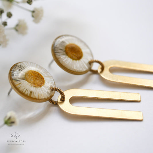 Close-up of Daisy Chime Earrings - Hope Symbol Jewelry showing stainless steel construction and delicate daisy detail in clear resin. Unique gift-ready design.