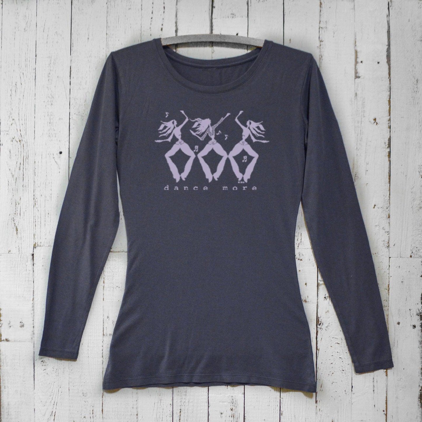 Women's Dance More Long Sleeve T-Shirt in dark gray bamboo and organic cotton with lavender dancer graphic, perfect for studio or activewear.