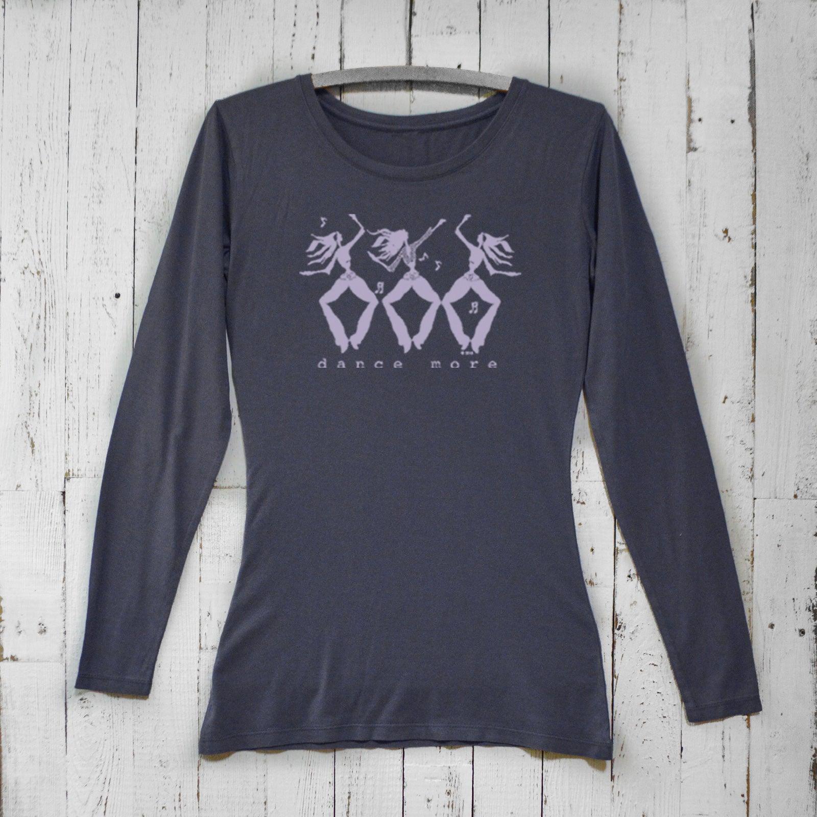 Women's Dance More Long Sleeve T-Shirt in dark gray bamboo and organic cotton with lavender dancer graphic, perfect for studio or activewear.