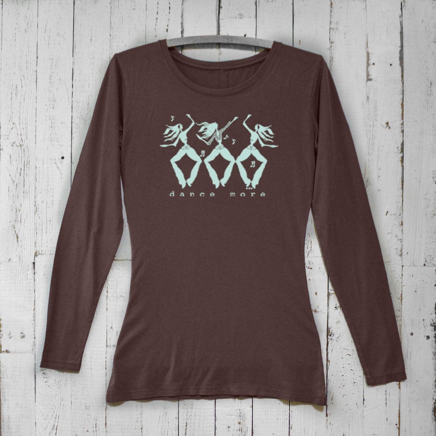 Brown Women's Dance More Long Sleeve T-Shirt made from bamboo and organic cotton, featuring aqua dancer print for fitness or casual wear.