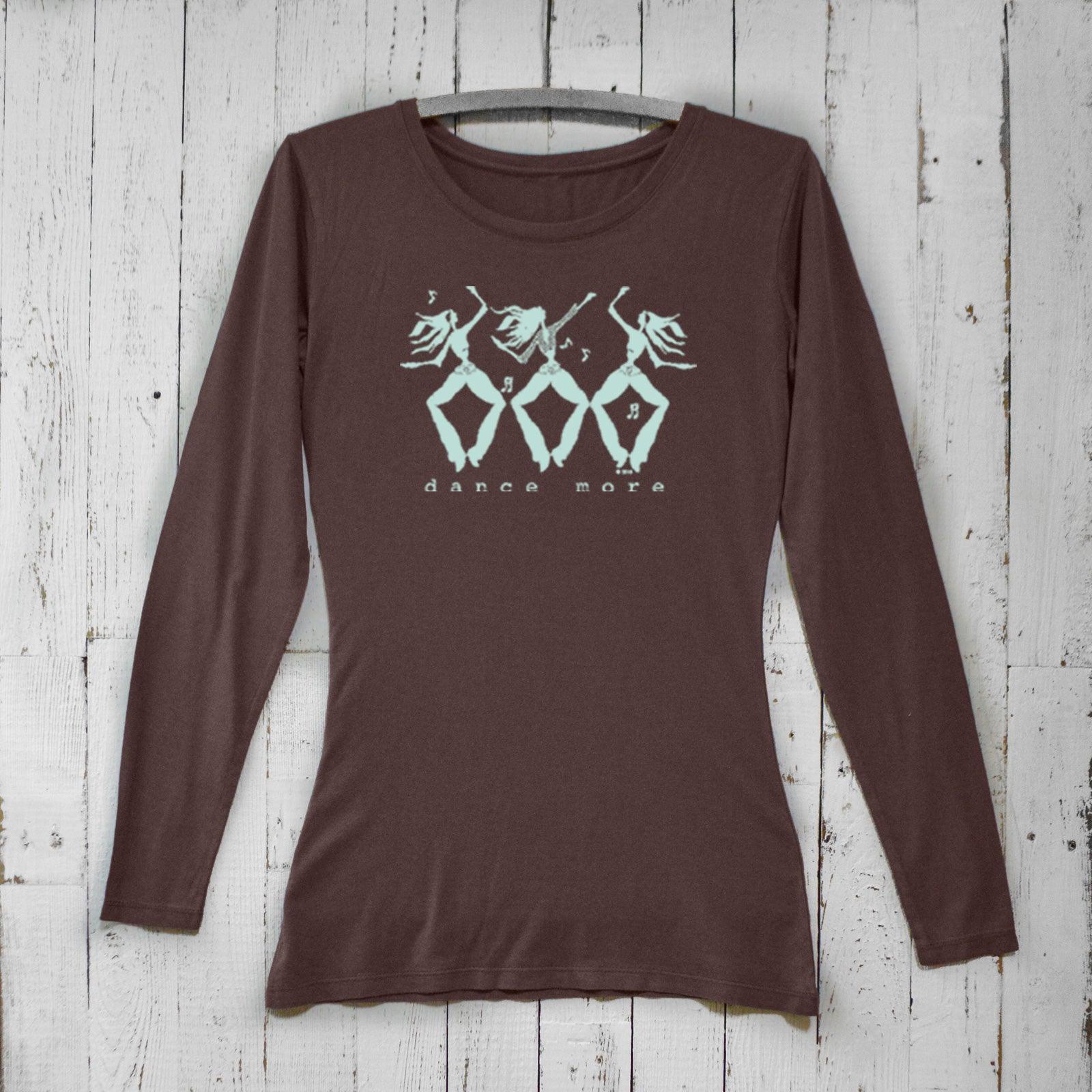 Brown Women's Dance More Long Sleeve T-Shirt made from bamboo and organic cotton, featuring aqua dancer print for fitness or casual wear.