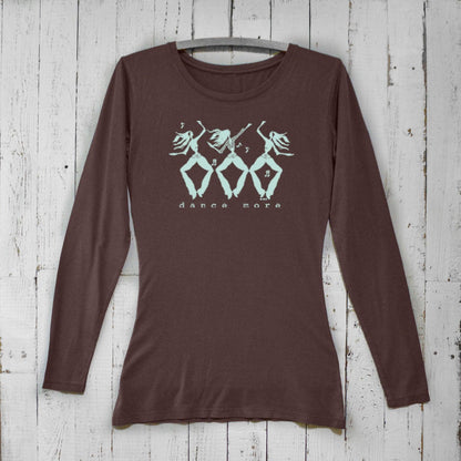 Brown Women's Dance More Long Sleeve T-Shirt made from bamboo and organic cotton, featuring aqua dancer print for fitness or casual wear.